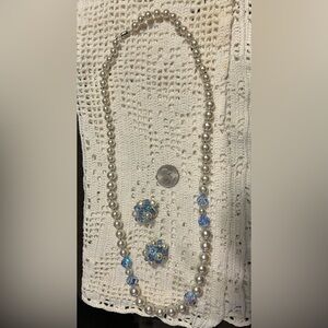 Elegant Pearl Bead and Blue Crystal Necklace & Clip-On Earring Set